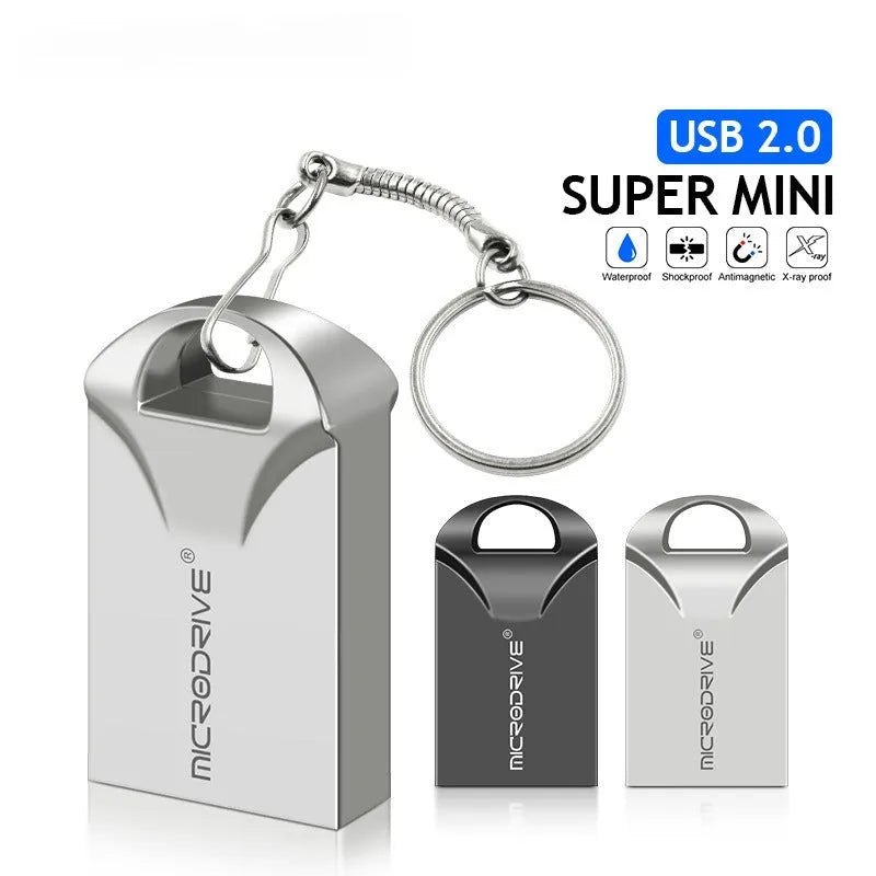 Compact black or silver metal USB flash drive with capacity options from 4GB to 128GB