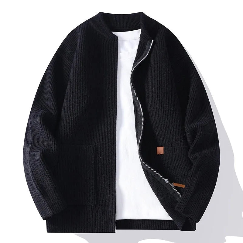 Men's straight-cut striped cardigan sweater in a polyvinyl alcohol fibre blend, shown in beige.