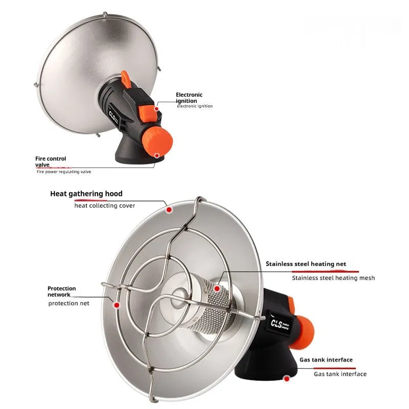 Black and orange portable outdoor heater stove with automatic ignition for camping.