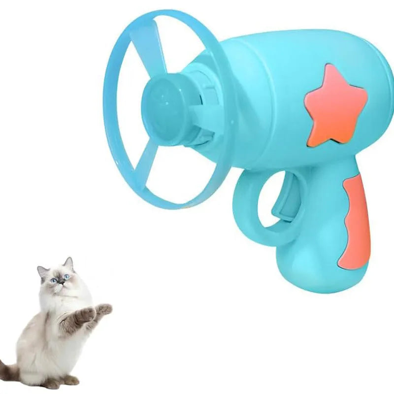 Blue interactive cat toy gun with spinning frisbee launcher for indoor feline play