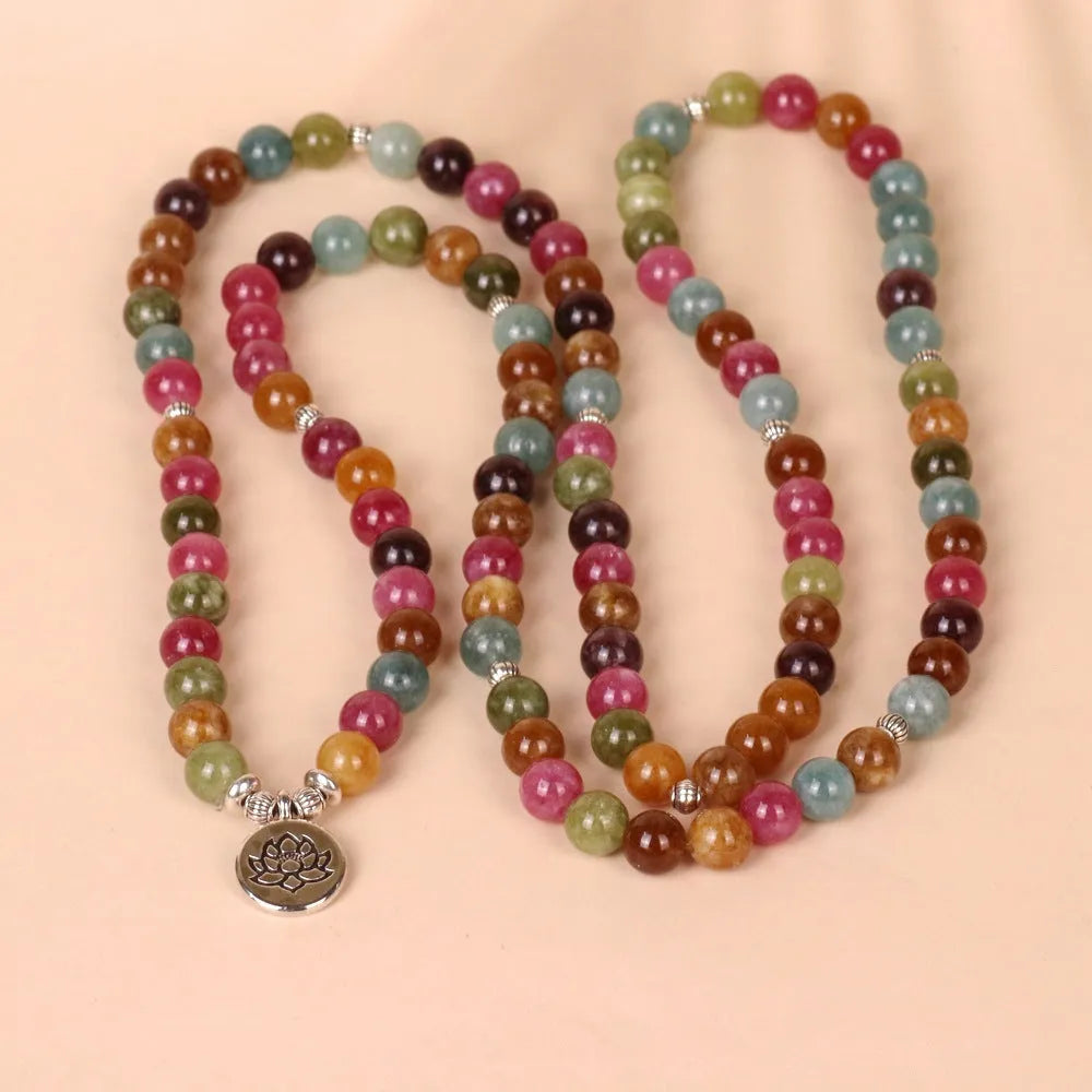 Multi-layer beaded bracelet with 108 tourmaline beads and lotus string design on alloy components