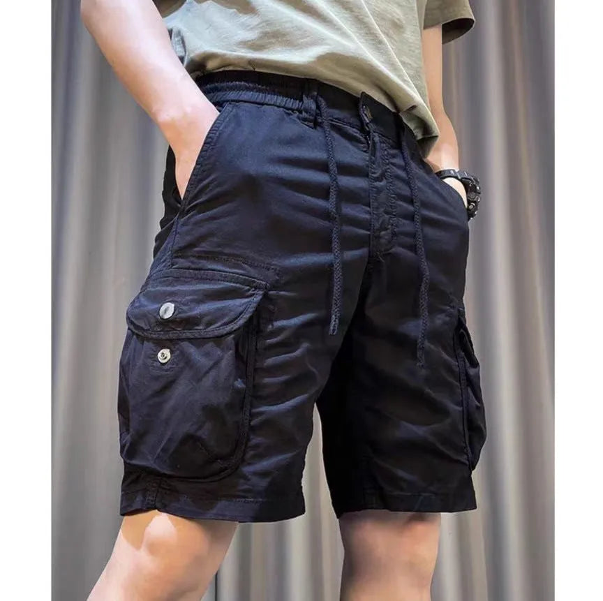 Loose straight-leg casual overalls in khaki with multiple pockets and a Korean-style fit.
