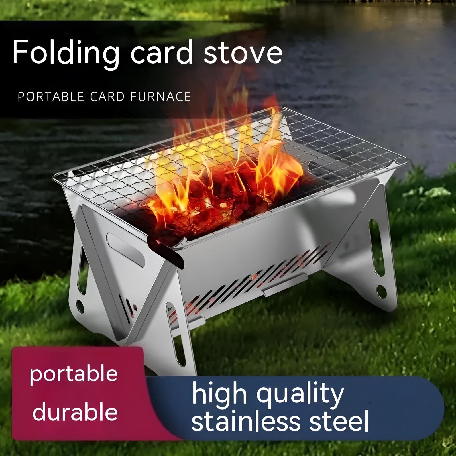 Folding stainless steel outdoor barbecue oven with large grill rack and storage bag.