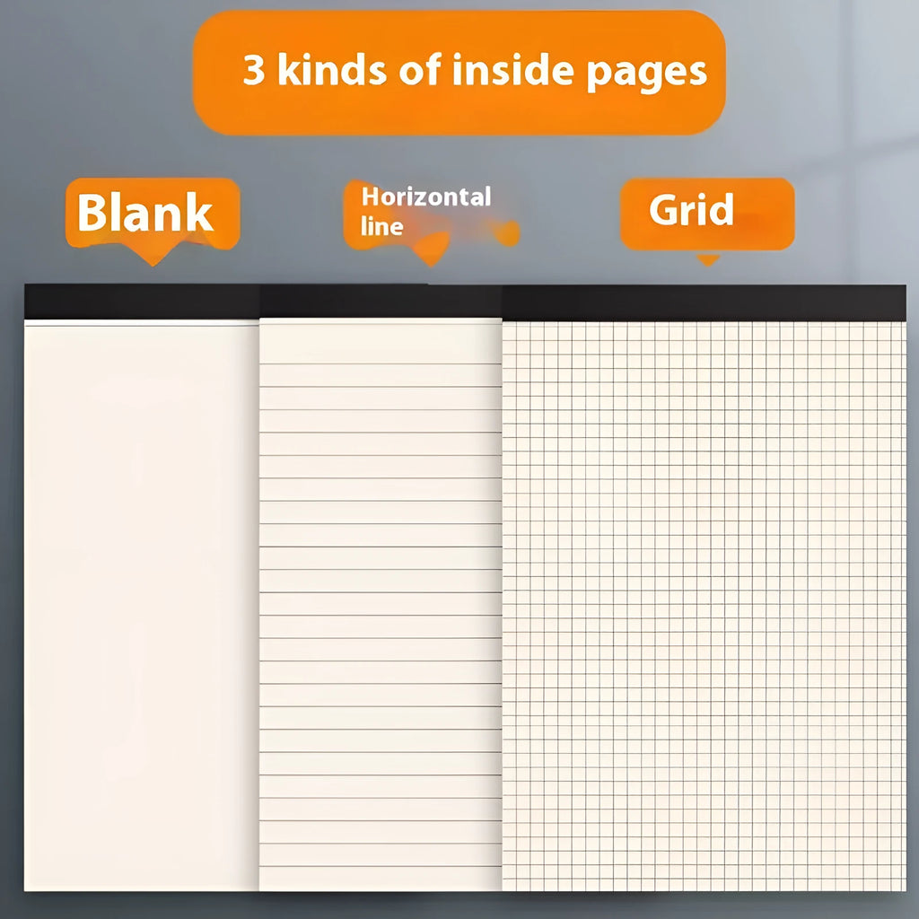 A5, B5, and A4 writing pads with tearable sheets in line, grid, and blank page styles.