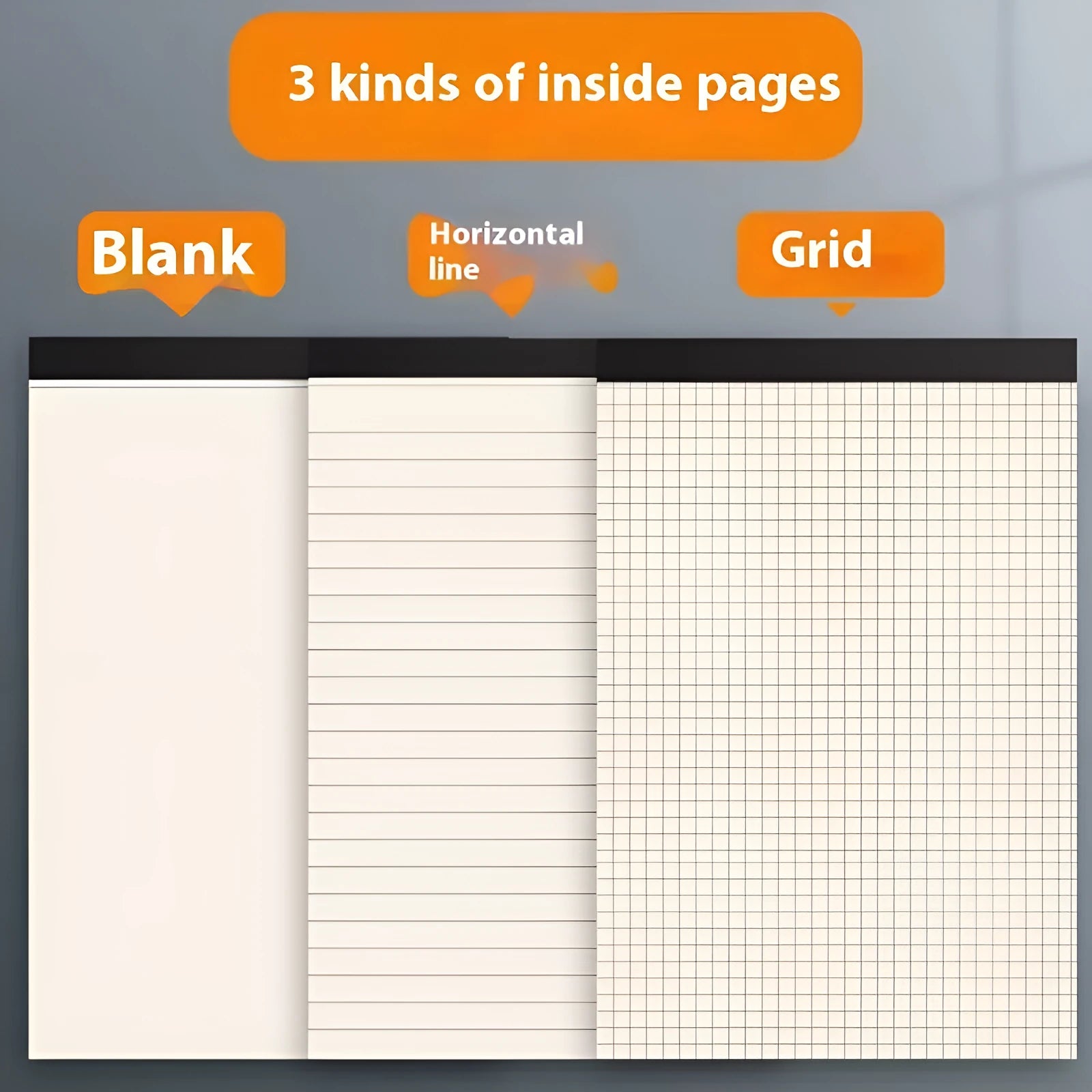 A5, B5, and A4 writing pads with tearable sheets in line, grid, and blank page styles.