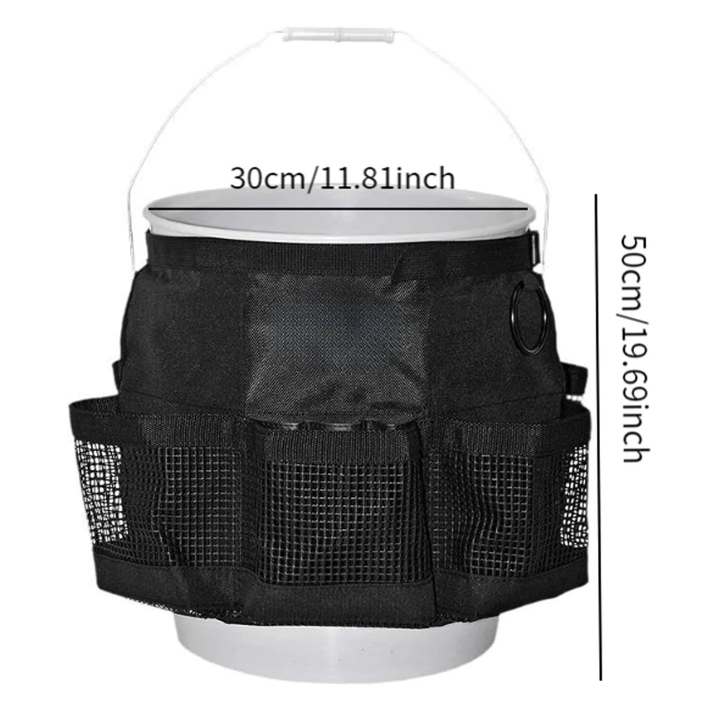 Black cylindrical polyester storage bag hanging on a 5-gallon bucket for organising tools.