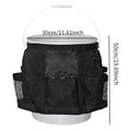 Black cylindrical polyester storage bag hanging on a 5-gallon bucket for organising tools.
