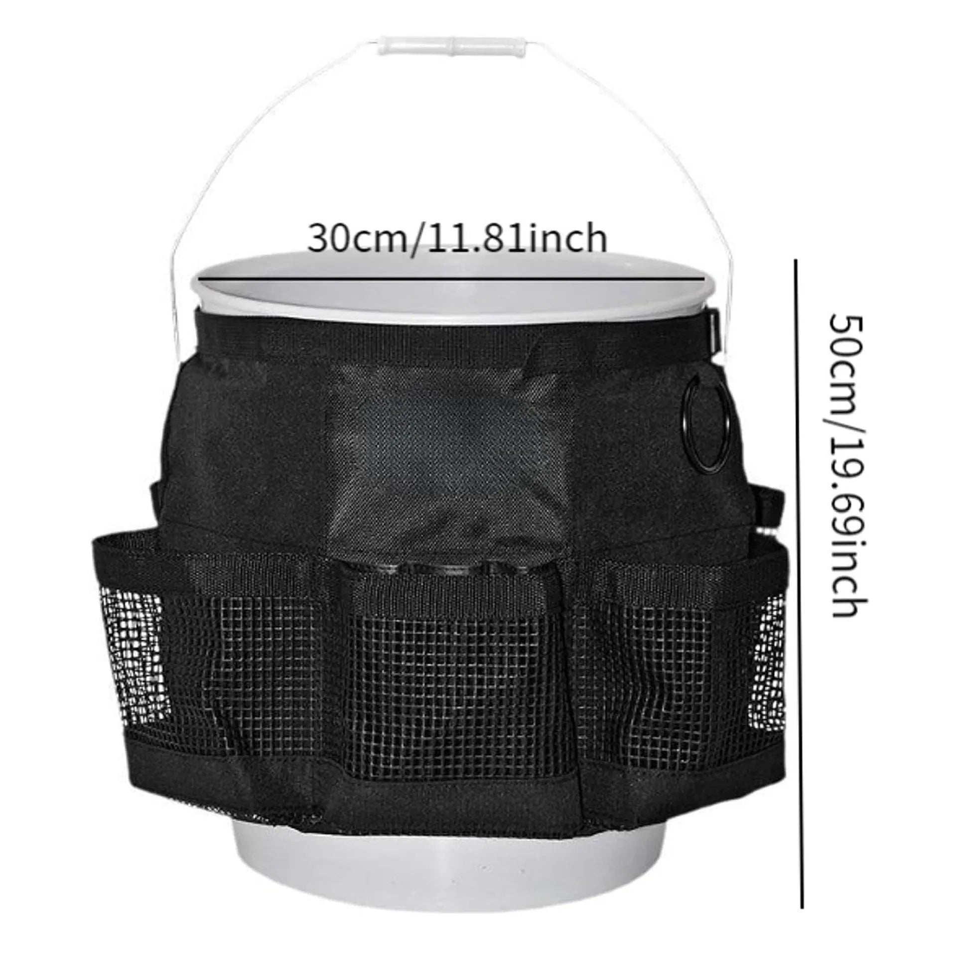 Black cylindrical polyester storage bag hanging on a 5-gallon bucket for organising tools.