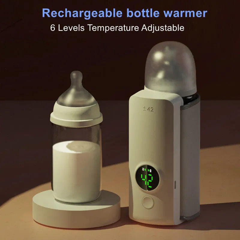 Grey portable USB rechargeable baby bottle warmer with digital display wrapped around a baby bottle.