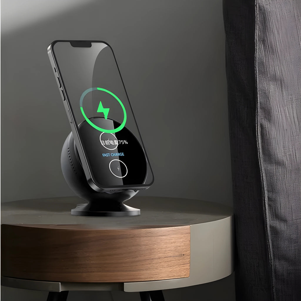 ABS plastic mobile phone wireless charging holder with Bluetooth speaker in black, blue, pink, or white.