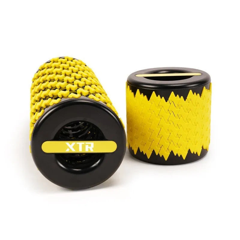 Adjustable telescopic foam roller extended to show length with yoga pillar accessory in choice of colours
