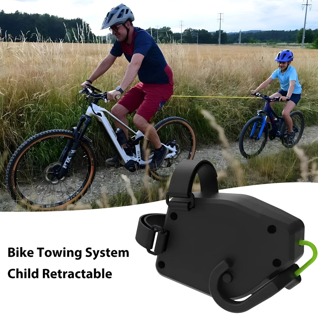 Black plastic and resin bicycle trailer connector rope for towing a child's trailer.