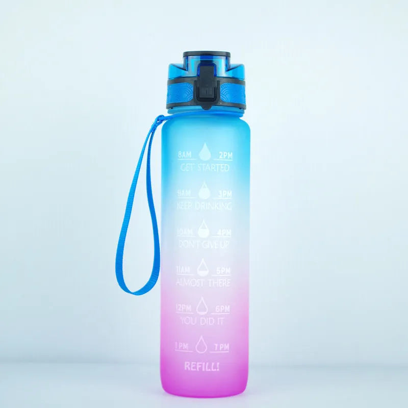Clear 1000ml Tritan sports water bottle with infuser inside, showing measurement scale.