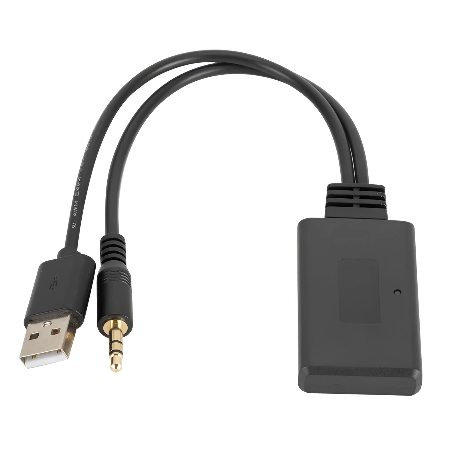 Black car AUX Bluetooth audio receiver with USB and 3.5mm output cables for wireless vehicle audio connection