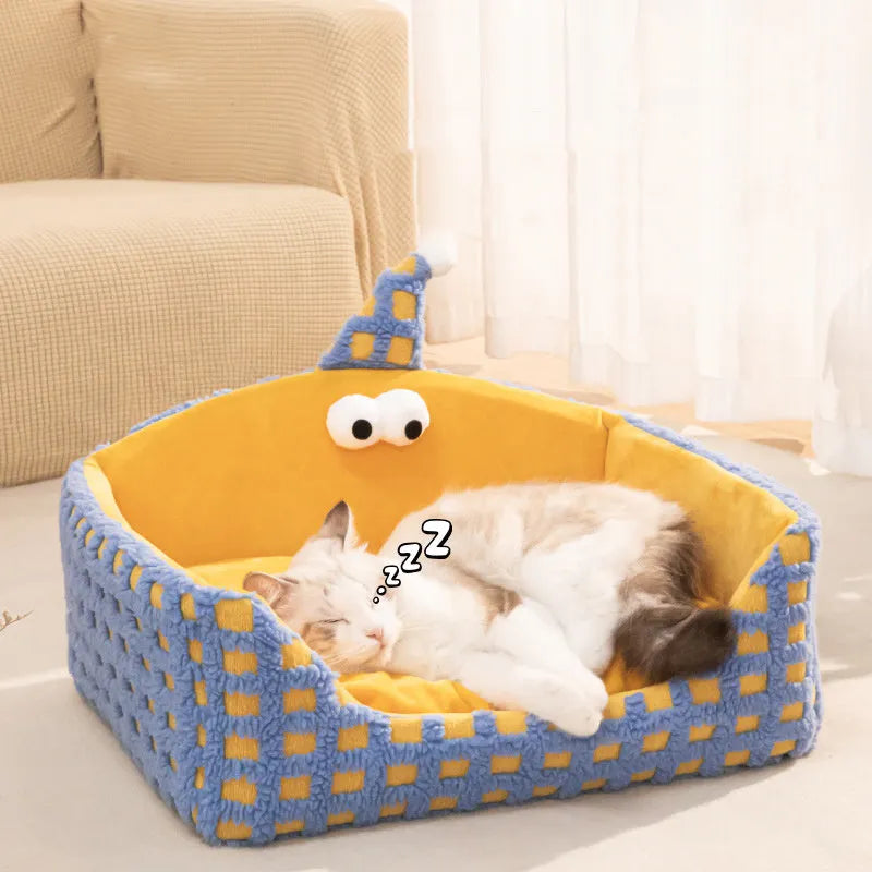 Green triangular cat bed with removable sponge pad, shown disassembled for washing.
