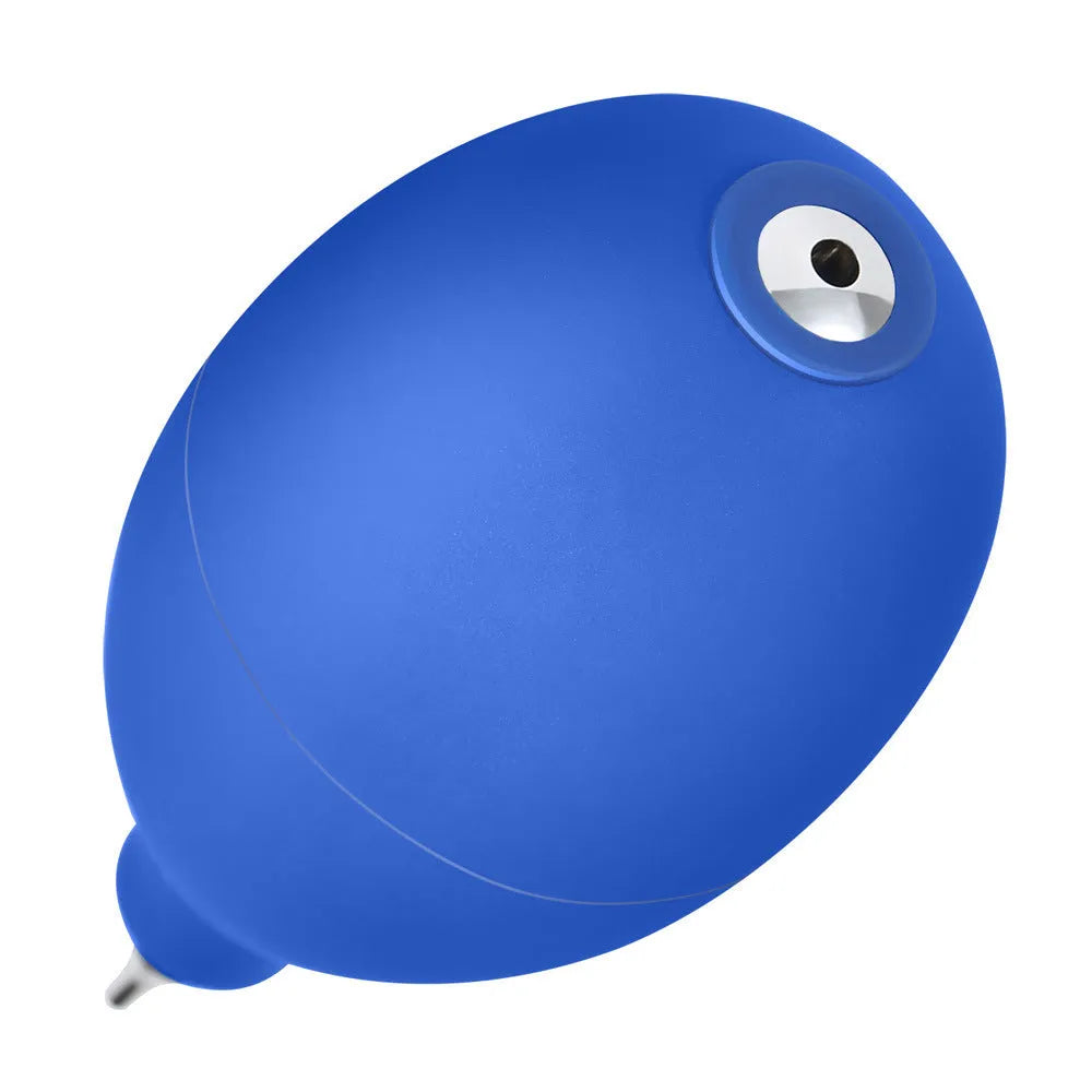 Blue and black handheld rubber dust blower for cleaning cameras and phones.
