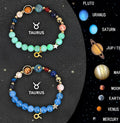 Two natural stone beaded bracelets with zodiac charms on an adjustable cord.
