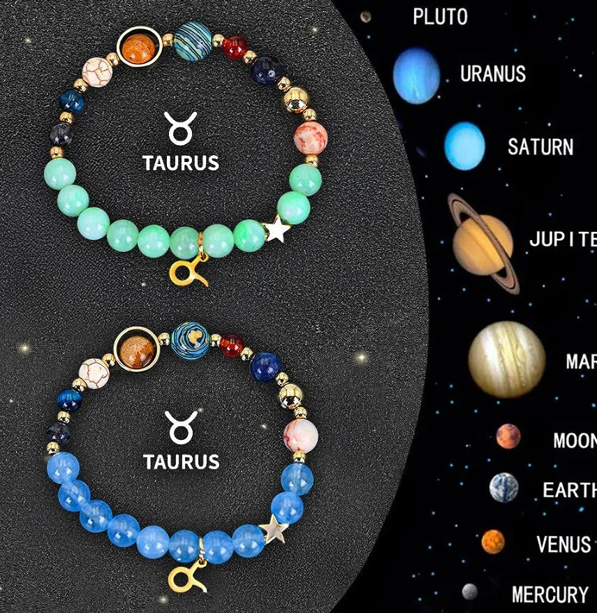 Two natural stone beaded bracelets with zodiac charms on an adjustable cord.
