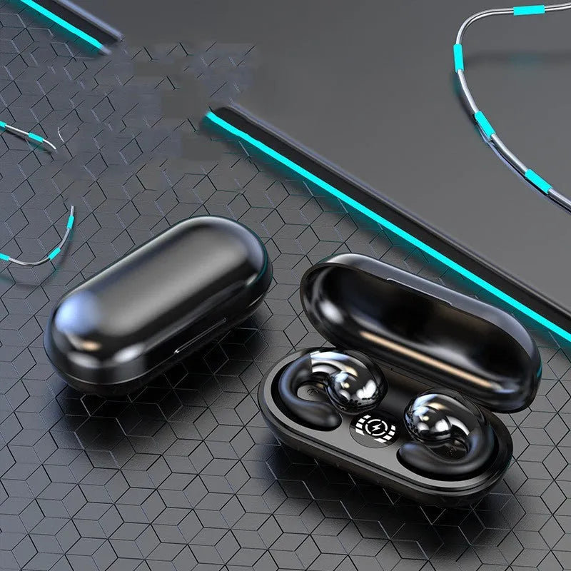 Black wireless Bluetooth sports headphones with ear clip design on a grey background.