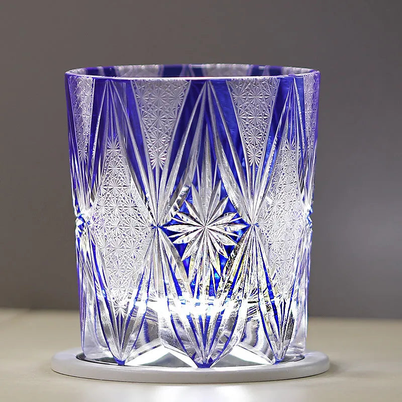 Hand carved blue crystal wine glass with 260ml capacity in retro Japanese style