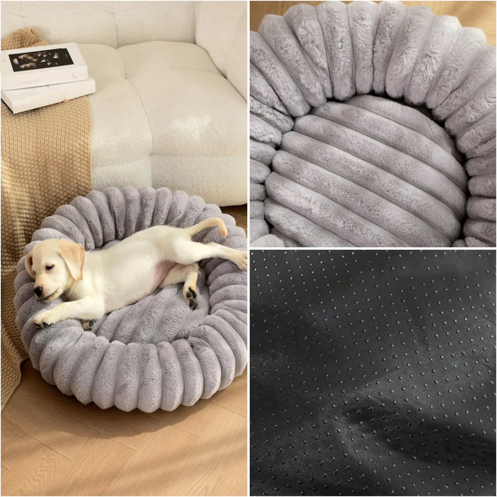 Circular plush pet bed mat in beige colour showing soft long hair rabbit plush material texture