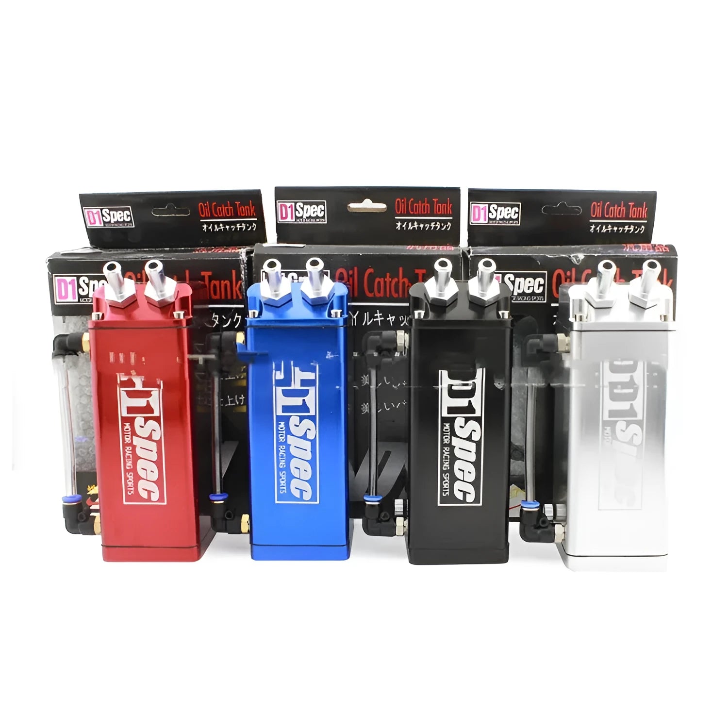 Square and round model oil catch tanks for car modification in black, red, silver, and blue colours
