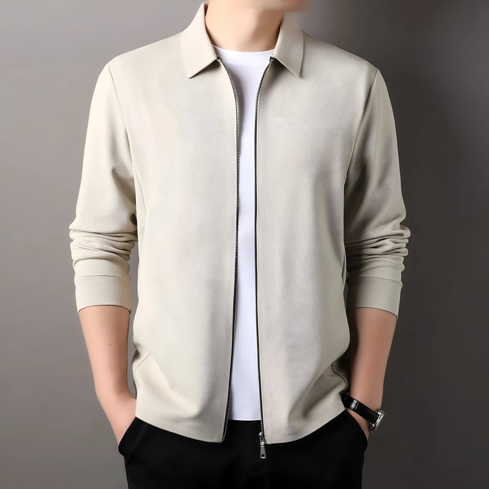 Men's polyester business jacket in black, dark gray or apricot with regular sleeves and straight hem design