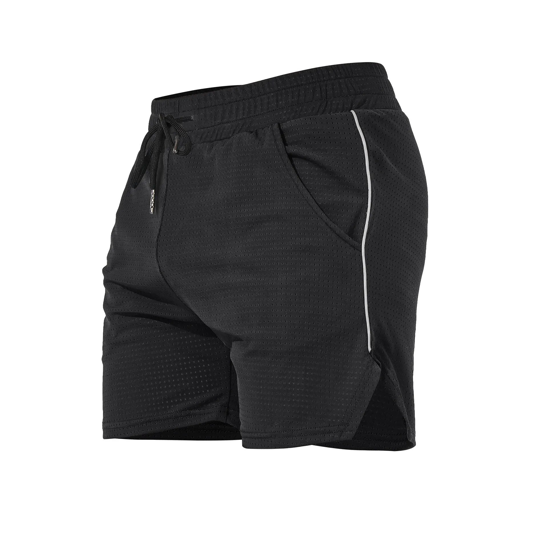 Men's straight-leg polyester sports shorts in black, available in sizes M to 3XL.