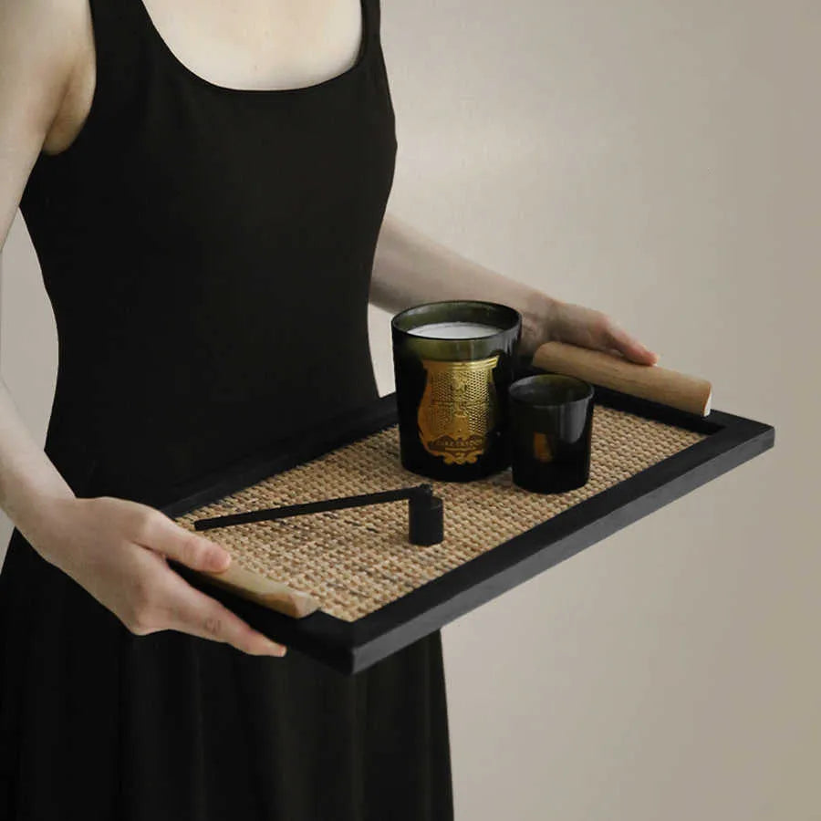Natural pine wood dining tray with a storage compartment, shown in large and small size options.