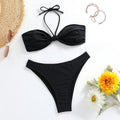 Black women's lace-up bikini top and high-cut briefs swimsuit set