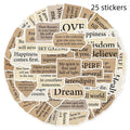 25 pack of tear English design decorative PVC stickers for laptops, showing matte finish and various sizes between 4 and 7cm.