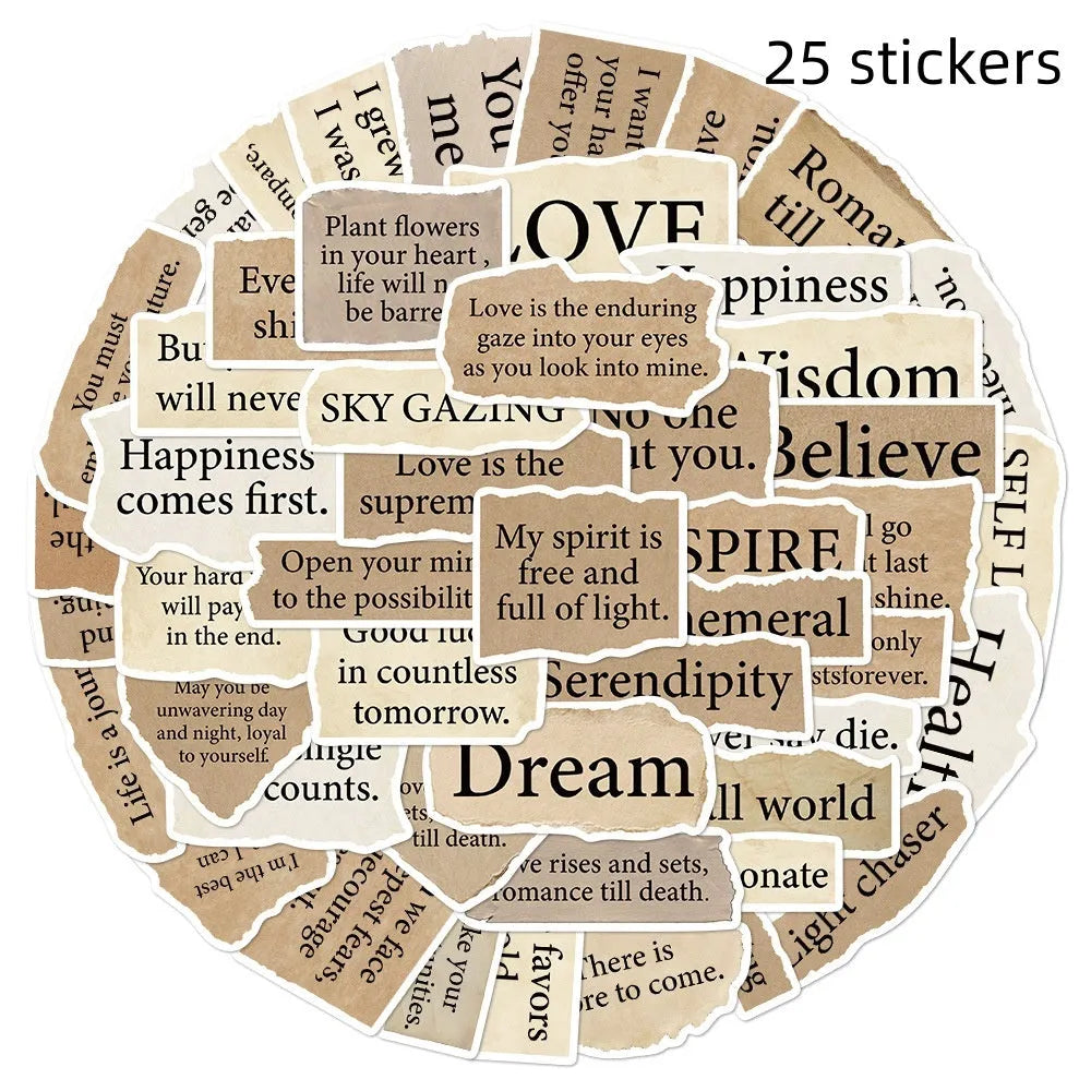 25 pack of tear English design decorative PVC stickers for laptops, showing matte finish and various sizes between 4 and 7cm.