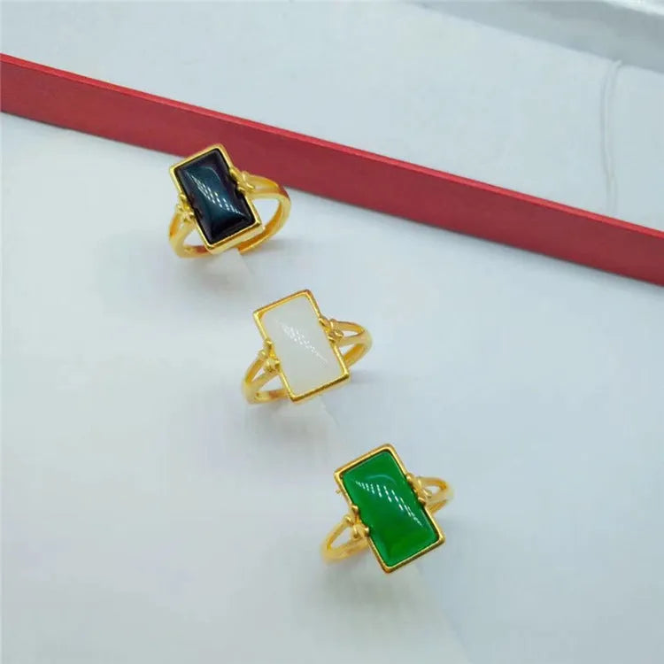 Brass gold-plated adjustable ring with electroplated artificial gemstone inlay in national style design
