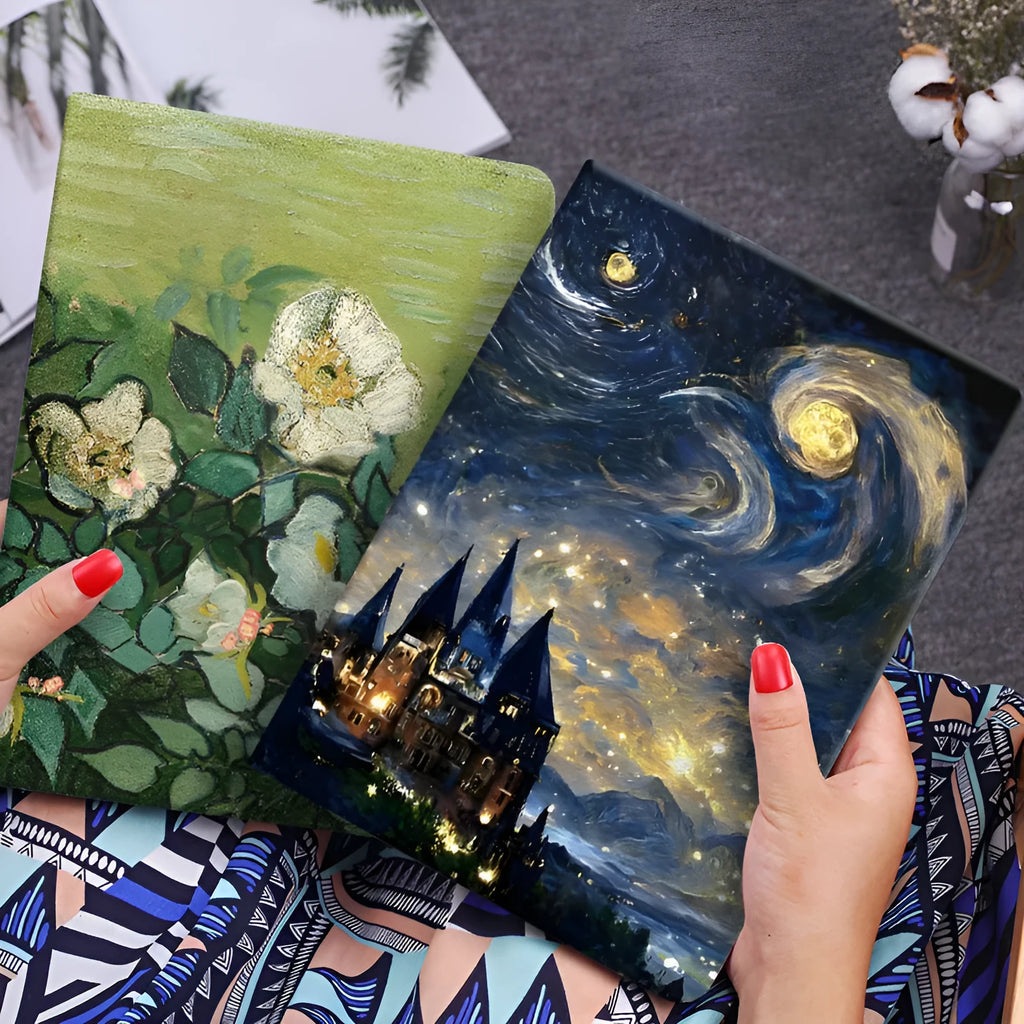 Handmade liquid silicone iPad flip case with floral oil painting design showing front and back protection
