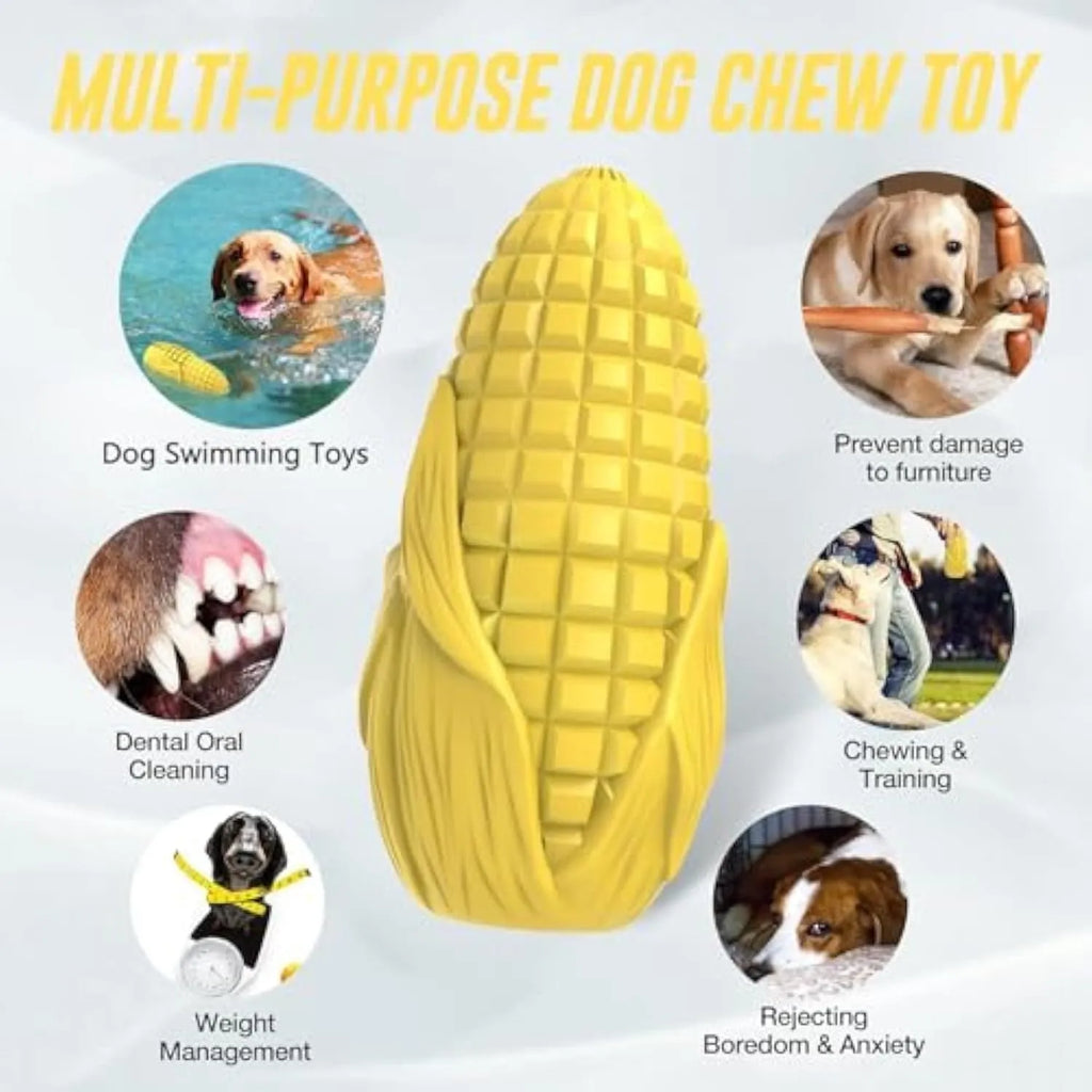 Corn stick shaped dog chew toy in blue or yellow colour with textured surface grooves