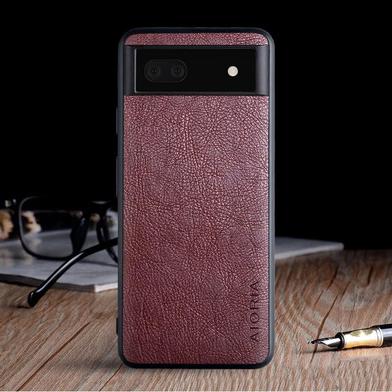 Black PU lychee skin texture phone case for Google Pixel 6, showing all-inclusive glass design.