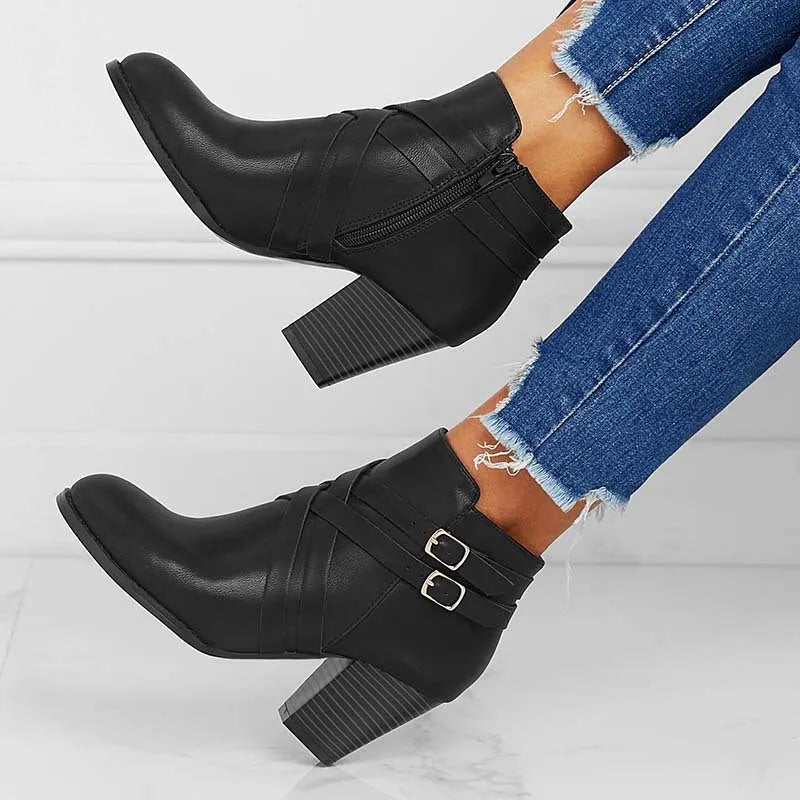 Women's short ankle boots with a side zipper and 7cm heel, shown in grey colour.