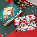 Set of seven colourful miniature Christmas sock ornaments from a blind box collection.
