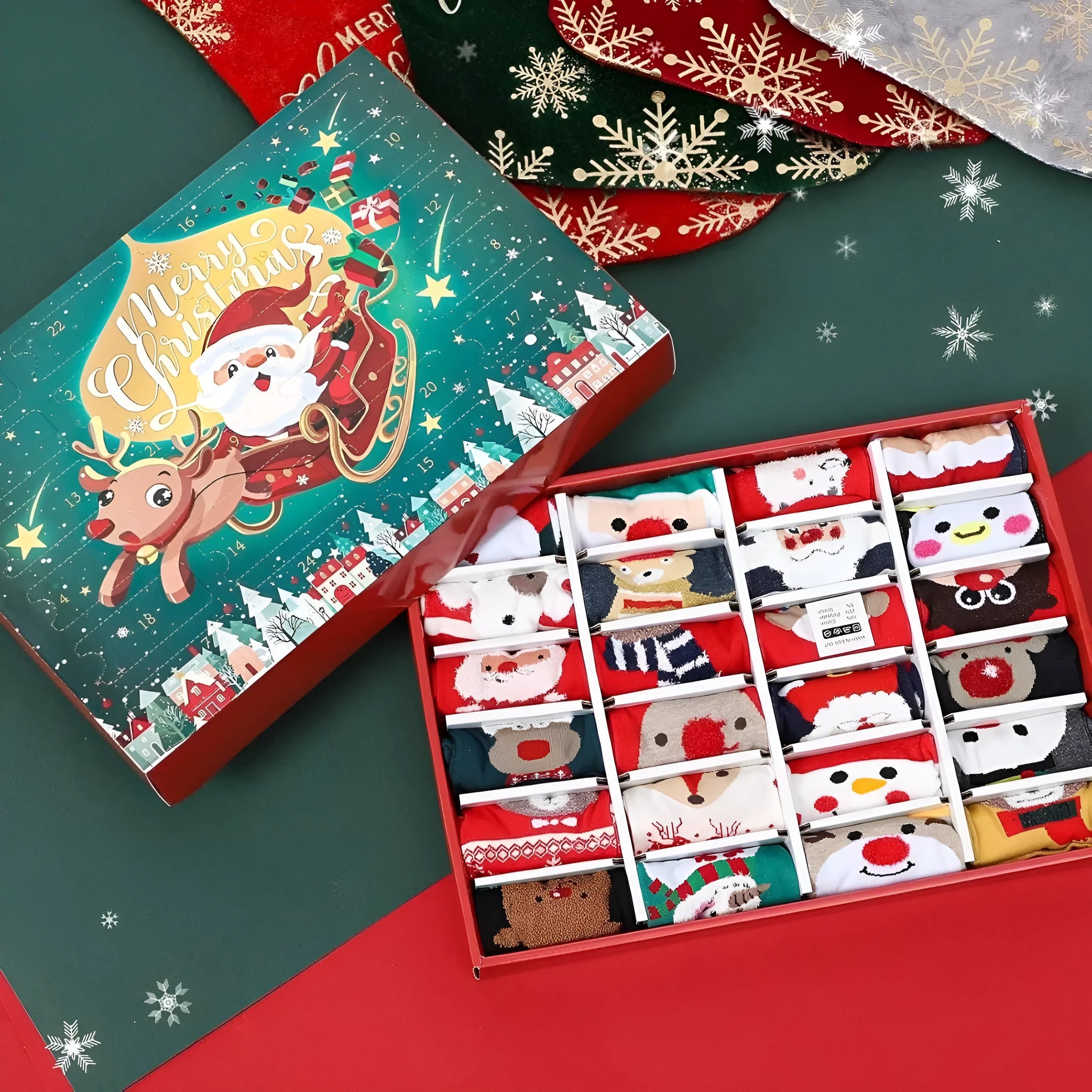 Set of seven colourful miniature Christmas sock ornaments from a blind box collection.