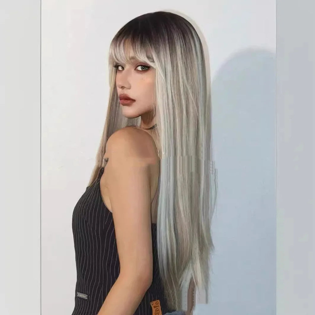 Head dyed long straight hair high-temperature fiber wig in colour LC1073-1 with Qi bangs