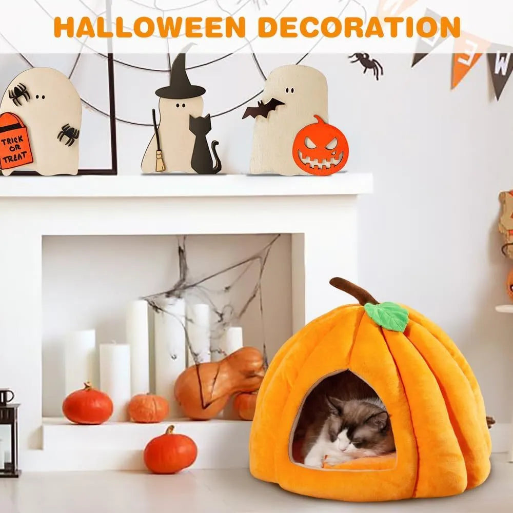Pumpkin-shaped plush cat bed cave in blue, grey, or yellow with a removable interior mat.