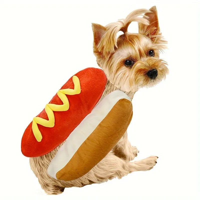 Funny stuffed hot dog costume suit on a small dog for party or cosplay