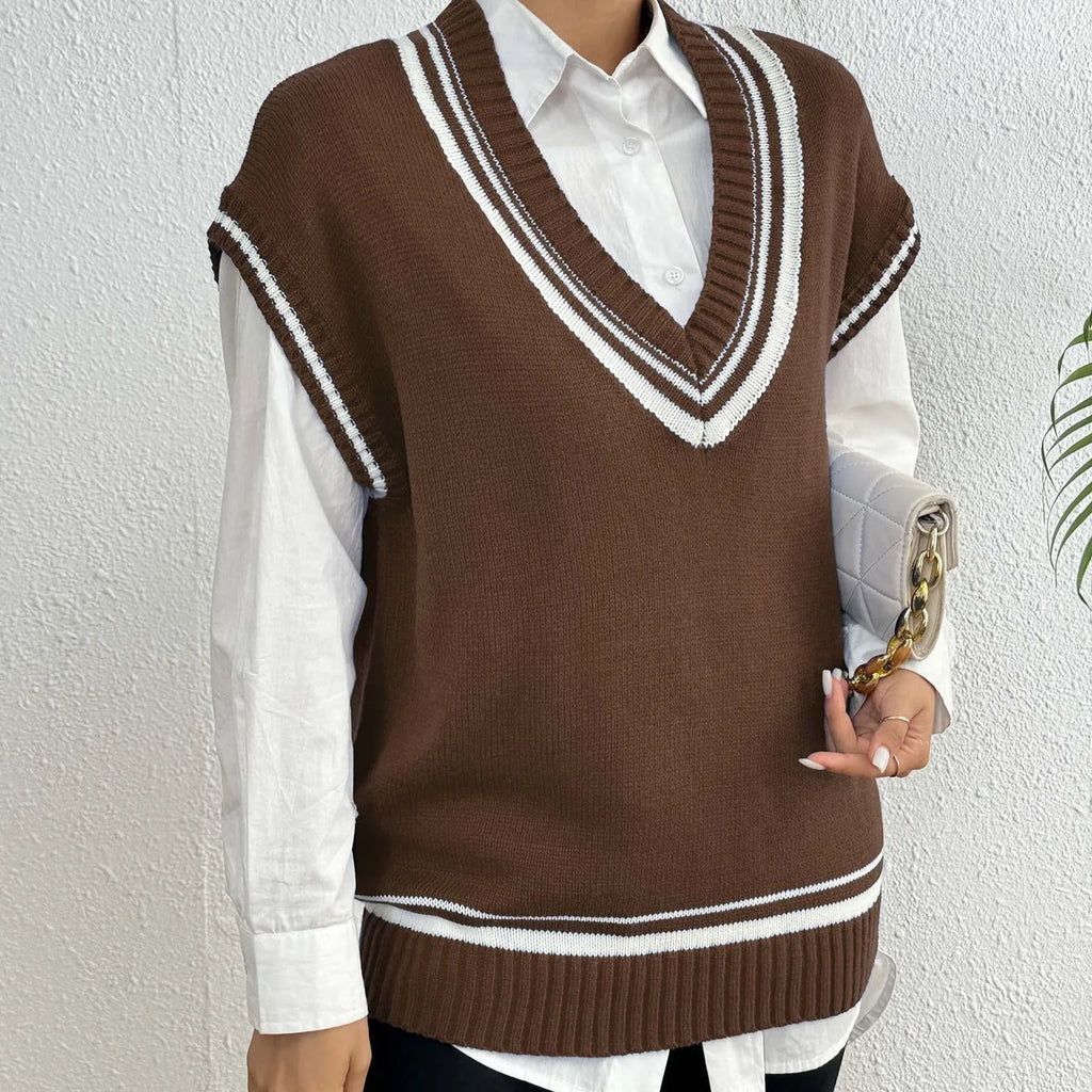 Women's loose fit college style vest sweater in black, blue, or coffee colour