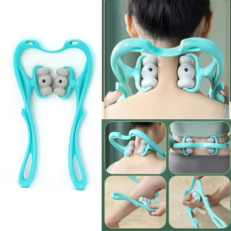 Blue handheld neck massager with 96 pressure point rollers for deep tissue relief