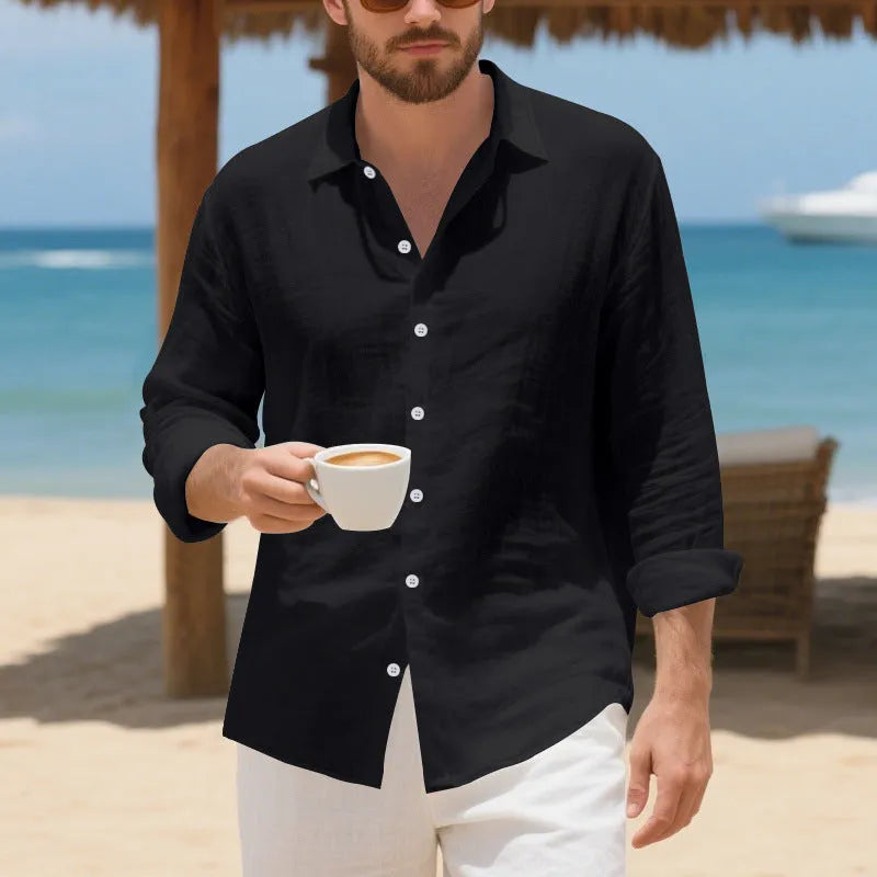 Man wearing a loose-fit light blue linen casual shirt with short sleeves