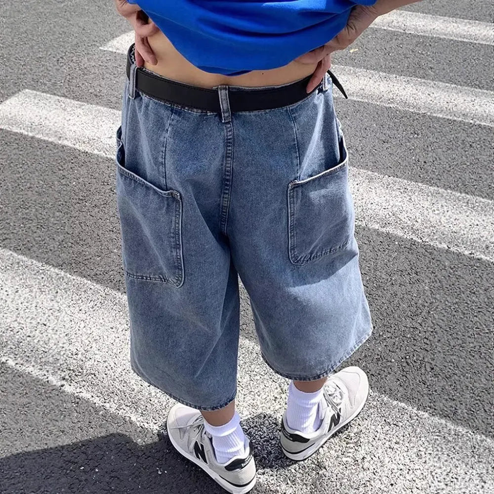 Men's blue denim shorts with high waist and straight leg cropped design
