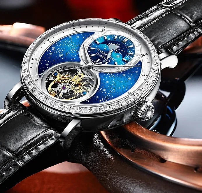 Automatic mechanical watch with black leather strap showing 14mm thick waterproof case on wrist