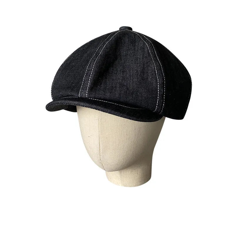 Black cotton beret with Japanese denim fabric texture shown in adult unisex sizing
