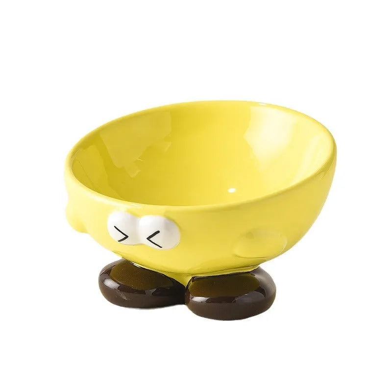 Blue slanted ceramic pet bowl with cute expression design for cat and dog cervical spine support