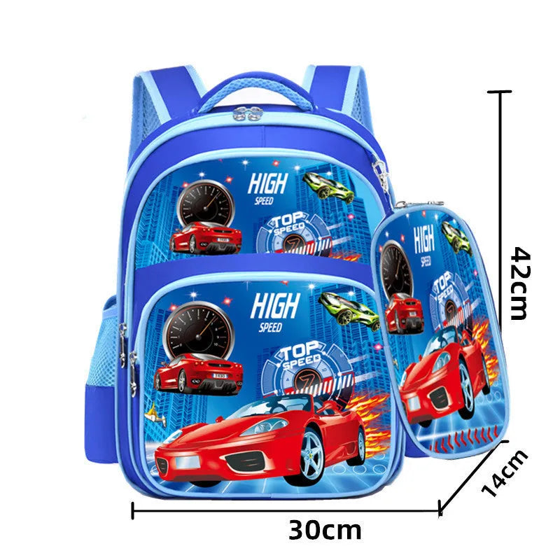Sapphire blue kids backpack with anime cartoon print and matching pencil case.